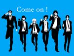  bad_id bad_pixiv_id belt blue blue_background formal gloves hat hiko_seijuurou himura_kenshin male_focus monochrome multiple_boys necktie pants parody rurouni_kenshin sagara_sanosuke saitou_hajime_(rurouni_kenshin) shinomori_aoshi shishio_makoto smile suit 