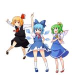  blonde_hair blue_eyes blue_hair bow cirno daiyousei dress green_eyes green_hair hair_bow hand_up hands_together hatsuka mary_janes multiple_girls no_nose outstretched_arms panties pantyshot pointing red_eyes rumia shoes short_hair smile socks spread_arms touhou underwear upskirt white_panties 