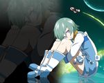  1girl bad_id bad_pixiv_id boots eureka eureka_seven eureka_seven_(series) green_hair leg_hug ngapoko planet purple_eyes reflection renton_thurston short_hair sitting thigh_strap white_footwear zoom_layer 