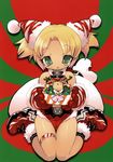  absurdres aqua_eyes bag blade_(galaxist) blonde_hair christmas full_body gift gloves highres holding holding_gift incoming_gift shoes sitting sneakers solo thigh_strap toranoana wariza 