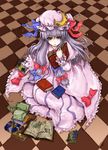  book bow checkered checkered_floor crescent frills from_above hair_bow hat long_hair open_book patchouli_knowledge perspective purple_eyes purple_hair robe sakurai_haruto solo star touhou 