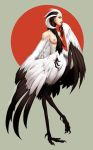  2012 animal_humanoid avian avian_humanoid bird black_feathers breasts claws crane demoiselle_crane feather_hair feathers female grey_background harpy humanoid medium_breasts monster_girl_(genre) nipples red_eyes red_lips simple_background solo talons travjames url white_feathers 