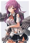 bad_id bad_pixiv_id blouse blush bra breasts cannon gloves hagikaze_(kantai_collection) highres kantai_collection kuwachii long_hair looking_at_viewer machinery medium_breasts neck_ribbon one_side_up pleated_skirt purple_bra purple_hair red_ribbon ribbon school_uniform shirt skirt solo torn_blouse torn_clothes torn_skirt torn_vest torpedo turret underwear vest white_gloves yellow_eyes 