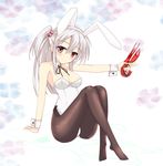  animal_ears bunny_ears bunnysuit detached_collar highres kanitama lobster long_hair one_side_up original pantyhose red_eyes ribbon silver_hair solo wrist_cuffs 