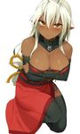  :o antenna_hair bad_id bad_pixiv_id black_legwear blush breast_hold breasts brown_eyes cleavage dark_skin detached_collar detached_sleeves highres jewelry large_breasts long_hair necklace omochi_no_kimochi one_knee pointy_ears sansei_muramasa solo soukou_akki_muramasa thighhighs tsurime very_long_hair white_hair 