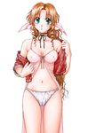  aerith_gainsborough bow breasts cropped_jacket dress final_fantasy final_fantasy_vii green_eyes hyoujun_mai light_brown_hair lingerie long_hair medium_breasts panties pink_bow pink_dress simple_background solo underwear undressing very_long_hair white_background 