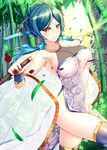  attack bamboo bamboo_forest black_legwear blood blood_splatter blue_hair blush breasts china_dress chinese_clothes collarbone commentary_request covered_navel covered_nipples cowboy_shot dress floral_print forest hair_ornament hair_stick highres holding holding_sword holding_weapon large_breasts left-handed leg_up looking_at_viewer md5_mismatch nature no_panties original outdoors pelvic_curtain ribbon ryuuzouji_usagi see-through side_slit sideboob slashing smile solo sword thighhighs unsheathed weapon yellow_eyes 