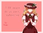  blonde_hair blood blood_on_face blood_stain bloody_clothes bloody_hands cross dolls_in_pseudo_paradise english extra hands_together hat jacket_girl_(dipp) looking_at_viewer nekolina shaded_face smile solo touhou valentine yandere yellow_eyes 