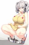  apron blue_eyes blush breasts chocolate cleavage hews_hack kantai_collection kashima_(kantai_collection) large_breasts long_hair naked_apron open_mouth pee peeing silver_hair smile solo squatting twintails valentine 