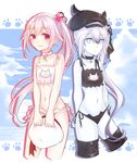  alternate_costume amputee az_(zero_glvimayhop) bad_id bad_pixiv_id bell beret black_panties blue_hair bow cat_cutout cat_lingerie cleavage_cutout dark_persona destroyer_hime dual_persona flat_chest gradient_hair hair_bow hair_ornament hair_ribbon hairclip harusame_(kantai_collection) hat hat_removed headgear headwear_removed holding jingle_bell kantai_collection long_hair looking_at_viewer meme_attire multicolored_hair multiple_girls navel panties pink_eyes ribbon shinkaisei-kan side-tie_panties side_ponytail silver_hair underwear underwear_only white_eyes white_hair white_panties white_skin 