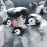  animal bird black_hair closed_eyes expressionless flock gonoji_(caligori) higashikata_jousuke jojo_no_kimyou_na_bouken look-alike male_focus penguin pompadour snow snow_on_head solo surrounded upper_body 