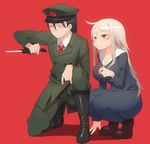 1boy 1girl arm_support black_hair boots breasts cross facepaint harau hat knife large_breasts long_hair military_uniform necklace nun original red_eyes short_hair simple_background smile squatting tie uniform weapon white_hair 