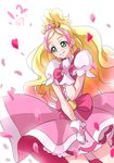  blonde_hair bow chocokin cowboy_shot cure_flora earrings flower_earrings gloves go!_princess_precure green_eyes haruno_haruka jewelry long_hair magical_girl multicolored_hair petals pink_bow pink_hair pink_skirt precure puffy_sleeves skirt smile solo streaked_hair two-tone_hair white_background white_gloves 