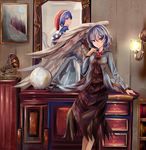  angel_wings ascot blue_hair bookshelf brooch capelet desk doremy_sweet dress globe grey_wings hand_up hat highres houdukixx jacket jewelry kishin_sagume lavender_hair legs light long_skirt long_sleeves looking_at_another looking_at_viewer mirror multiple_girls nightcap on_desk open_mouth painting phonograph pom_pom_(clothes) purple_shirt purple_skirt room shirt short_hair signature single_wing sitting sitting_on_desk skirt smile tail tapir_tail touhou white_dress wings 