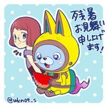  animal_ears blue_background blush_stickers bunny_ears drooling flat_color food fruit glasses halftone helmet misora_inaho short_hair smile spacesuit twitter_username upper_body usapyon wa_(wakana) watermelon youkai youkai_watch zanshomimai 