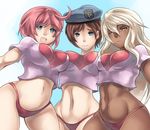  ahoge arc_system_works beret blue_eyes breast_press breasts brown_hair capcom crossover dark_skin elphelt_valentine gradient gradient_background guilty_gear guilty_gear_xrd hat jill_valentine large_breasts long_hair multiple_girls open_mouth orange_eyes panties pink_hair platinum_blonde ramlethal_valentine resident_evil ryukenden shirt short_hair smile underwear 