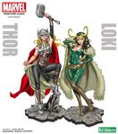  armor boots breastplate breasts cleavage genderswap hammer high_heel_boots high_heels jane_foster knee_boots kotobukiya logo loki_(marvel) marvel mjolnir multiple_girls official_art thor_(marvel) thor_(series) yamashita_shun&#039;ya yamashita_shun'ya 