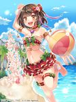  :d armlet ball bare_shoulders barefoot beach beachball blush brown_eyes brown_hair choker cloud company_name copyright_name day frilled_skirt frills hair_ornament midriff navel official_art open_mouth outdoors shina_shina short_hair skirt sky smile solo tenka_touitsu_chronicle thigh_strap 