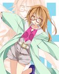  alternate_costume belt blush collarbone cosplay glasses happy_lesson highres kantai_collection leg_up light_brown_eyes light_brown_hair long_hair long_sleeves looking_at_viewer messy_hair mochizuki_(kantai_collection) mtu_(orewamuzituda) open_mouth outstretched_arms semi-rimless_eyewear shoes shorts silhouette sleeves_past_wrists sneakers solo togakushi_kanna togakushi_kanna_(cosplay) under-rim_eyewear 
