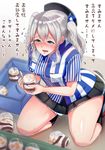  bifidus blue_eyes blush breasts commentary_request crying crying_with_eyes_open dojikko employee_uniform flying_sweatdrops food hair_ribbon hat heavy_breathing kantai_collection kashima_(kantai_collection) kneeling large_breasts lawson miniskirt pudding ribbon silver_hair skirt solo spill sweat tears translated twintails uniform 