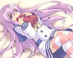  bed blush covering_mouth d-pad d-pad_hair_ornament hair_ornament highres long_hair looking_at_viewer lying nepgear neptune_(series) normaland purple_eyes purple_hair solo striped striped_legwear thighhighs 