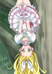  :o blonde_hair blush bow brooch chocokin choker covering cure_rhythm embarrassed frilled_skirt frills green_eyes hair_bow jewelry long_hair looking_at_viewer magical_girl minamino_kanade precure skirt solo suite_precure tree upside-down white_bow white_choker wrist_cuffs 
