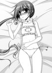  akebono_(kantai_collection) alternate_costume ass_visible_through_thighs bed_sheet bell bell_choker blush cat_cutout cat_lingerie choker cleavage_cutout collarbone flower greyscale hair_bell hair_flower hair_ornament jingle_bell kantai_collection kiryuu_makoto long_hair looking_at_viewer lying meme_attire monochrome navel on_back on_bed panties side-tie_panties side_ponytail solo underwear underwear_only very_long_hair 