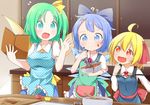  3girls :&lt; :d ?? ahoge apron blue_eyes blue_hair blush book bow bowl chocolate chocolate_on_face cirno closed_mouth cocked_eyebrow confused cookbook cookie_cutter cooking cream cream_on_face d: daiyousei fairy_wings fang flat_chest flying_sweatdrops food food_on_face forehead frog_apron green_eyes green_hair hair_bow hair_ornament hairclip heart highres ice ice_wings makuran mixing_bowl multiple_girls open_mouth pocket pointing pointing_at_self rumia sash side_ponytail smile surprised touhou v-shaped_eyebrows valentine whisk wings 