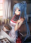  aoki_hagane_no_arpeggio apron baking_sheet blue_eyes blue_hair bowl chocolate chocolate_heart chocolate_making hair_between_eyes heart highres indoors kitchen long_hair looking_at_viewer luzi microwave mixing_bowl mole mole_under_mouth open_mouth plaid plaid_skirt ponytail ribbed_sweater skirt sleeveless sleeveless_turtleneck solo spatula sweater takao_(aoki_hagane_no_arpeggio) tsundere turtleneck valentine very_long_hair 