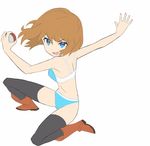  1girl blue_bra blue_eyes blue_panties boots bra brown_hair hat outstretched_arm outstretched_hand panties pink_skirt poke_ball pokeball pokemon pokemon_(anime) saitou_naoki serena_(pokemon) short_hair simple_background sketch skirt smile thighhighs underwear white_background 