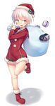  1girl bag blonde_hair blue_eyes blush christmas failure_penguin gift highres kantai_collection metindone open_mouth sack santa_costume solo z1_leberecht_maass_(kantai_collection) 