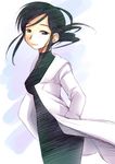  black_hair bodysuit coat commentary_request ebifly hands_in_pockets kabu_no_isaki labcoat line_shading lips long_hair looking_at_viewer open_clothes open_coat shiro_(kabu_no_isaki) sidelocks simple_background smile solo walking 