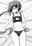  akebono_(kantai_collection) alternate_costume ass_visible_through_thighs bed_sheet bell bell_choker blush cat_cutout cat_lingerie choker cleavage_cutout collarbone flower greyscale hair_bell hair_flower hair_ornament jingle_bell kantai_collection kiryuu_makoto long_hair looking_at_viewer lying meme_attire monochrome navel on_back on_bed panties side-tie_panties side_ponytail solo underwear very_long_hair 