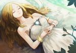  absurdres armlet bed blonde_hair bracelet breasts closed_eyes dress hands_clasped hands_on_own_stomach highres interlocked_fingers jewelry long_hair lying medium_breasts okuto on_back original own_hands_together pillow sleeping sleeveless sleeveless_dress solo white_dress 