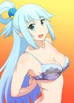  :d aqua_(konosuba) blue_bra blue_eyes blue_hair bra breasts cleavage gradient gradient_background hair_bobbles hair_ornament hair_rings kono_subarashii_sekai_ni_shukufuku_wo! long_hair looking_at_viewer looking_back medium_breasts open_mouth sidelocks skindentation smile solo ueyama_michirou underwear upper_body very_long_hair 