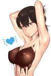  1girl :/ armpits arms_behind_head arms_up blush breasts brown_eyes brown_hair chocolate chocolate_on_breasts closed_mouth collarbone covered_nipples dripping expressionless eyebrows eyebrows_visible_through_hair hair_between_eyes half-closed_eyes heart highres kaga_(kantai_collection) kantai_collection large_breasts naked_chocolate nude ribs short_hair simple_background solo tsurime upper_body wa_(genryusui) white_background 