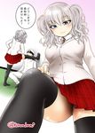  1girl admiral_(kantai_collection) against_wall artist_name black_legwear breasts kantai_collection kashima_(kantai_collection) kuroba_dam large_breasts no_shoes skirt thighhighs thighs translated twintails 
