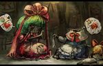  blonde_hair blue_dress bow capelet commentary crying doll doll_joints dress green_hair hair_bow impaled kagiyama_hina koto_inari red_dress shanghai_doll sitting tissue touhou voodoo waist_apron 