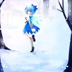  arms_behind_back blue_dress blue_eyes blue_hair cirno dress from_behind full_body hair_ribbon ice ice_wings looking_at_viewer looking_back nr_(cmnrr) puffy_sleeves ribbon shoes short_hair short_sleeves snow snowing solo touhou tree wings 