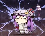  book_stack bow chibi crescent crescent_hair_ornament dress hair_bow hair_ornament hat long_hair mob_cap nekoguruma patchouli_knowledge purple_hair solo striped striped_dress surprised touhou 