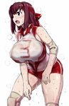  774_(nanashi) bare_shoulders breasts girls_und_panzer highres huge_breasts kondou_taeko red_hair see-through solo sportswear sweat volleyball_uniform 