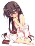  bangs barefoot black_hair blush box_of_chocolates brown_hair chocolate covering covering_breasts embarrassed flying_sweatdrops full-face_blush full_body kotsu long_hair looking_at_viewer open_mouth ribbon shakugan_no_shana shana simple_background sitting solo topless valentine very_long_hair white_background 