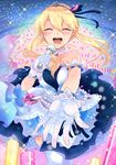  absurdres blonde_hair blush clarice_(idolmaster) closed_eyes dress gloves highres idolmaster idolmaster_cinderella_girls idolmaster_cinderella_girls_starlight_stage kihime_aya long_hair microphone open_mouth smile solo starry_sky_bright thighhighs tiara 