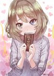  absurdres blush brand_name_imitation chocolate_bar covering_mouth green_eyes heterochromia highres idolmaster idolmaster_cinderella_girls looking_at_viewer md5_mismatch meiji_milk_chocolate meto31 mole mole_under_eye purple_eyes short_hair solo sweater takagaki_kaede valentine 