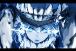  blue_eyes close-up collar commentary_request glowing glowing_eyes headgear highres hometa kantai_collection looking_at_viewer open_mouth shinkaisei-kan solo teeth white_hair wo-class_aircraft_carrier 