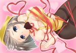  apron blue_eyes bound breasts chocolate chocolate_heart hair_ornament hairclip hamakaze_(kantai_collection) head_scarf heart highres kantai_collection large_breasts naked_apron pantyhose ribbon short_hair silver_hair sin_(kami148) solo tied_up 