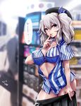 adapted_costume blue_eyes bra breasts convenience_store employee_uniform exhibitionism finger_to_mouth grey_eyes highres kantai_collection kashima_(kantai_collection) large_breasts lawson miniskirt open_clothes open_shirt panties shirt shop shushing silver_hair skirt skirt_pull solo souryu striped striped_bra striped_panties tsurime twintails underwear undressing uniform vertical-striped_bra vertical-striped_panties vertical_stripes wavy_hair 