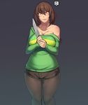  :p breasts brown_hair chara_(undertale) cleavage knife large_breasts legwear_under_shorts long_hair looking_at_viewer metal_owl_(aden12) off_shoulder pantyhose pantyhose_under_shorts red_eyes saliva short_shorts shorts solo spoilers sweater thighs tongue tongue_out undertale wide_hips 