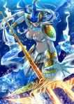  ancientmermaimon armor breasts cleavage digimon helmet large_breasts long_hair mermaid monster_girl polearm scales silver_hair solo trident weapon winni 