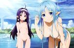  2girls absurdres ahoge areolae arms_behind_back asuna_(sao) asuna_(sao-alo) blue_eyes blue_hair blush braid breasts cleavage collarbone french_braid highres leaning_forward long_hair looking_at_viewer multiple_girls nakamura_naoto navel nipples nude_filter outdoors purple_hair pussy red_eyes small_breasts smile standing sword_art_online uncensored water wet yuuki_(sao) 